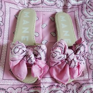 MANEBI Bandana Print espadrille slides in pink. Will also include a pink Bandana